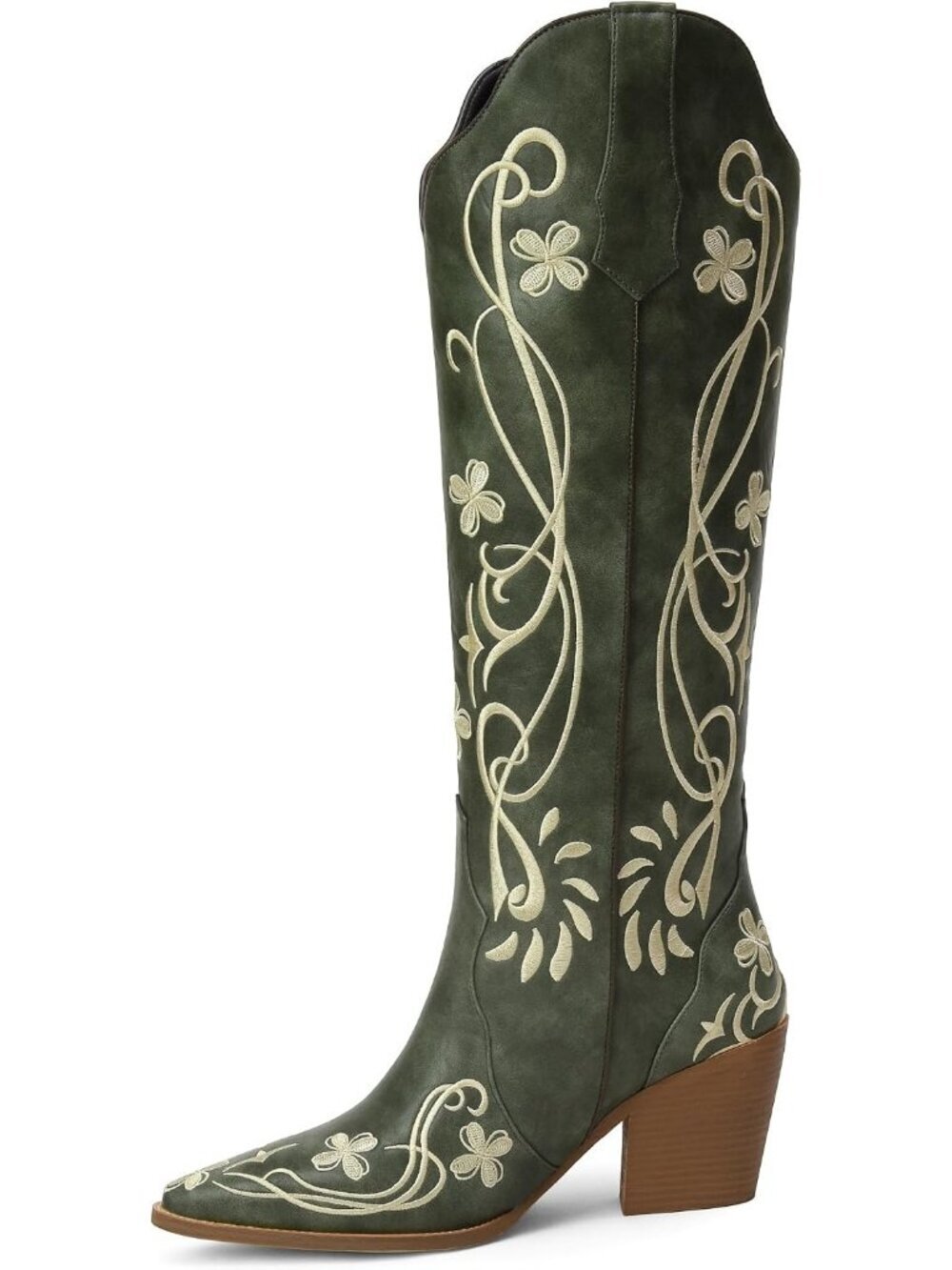Women's Green pu Knee High Floral Embroidered Vintage Cowgirl Boots
